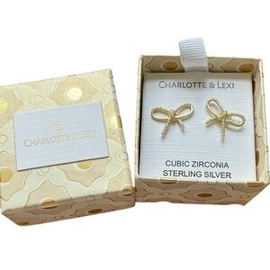 Charlotte‎ & Lexi Bow Stud Earrings Cubic Zirconia Sterling Silver Gold Tone Box